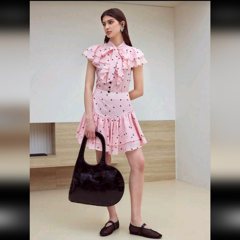 💖 Motf Pink Polka Dot Ruffle Mini Skirt & Top Set – Size M NEW